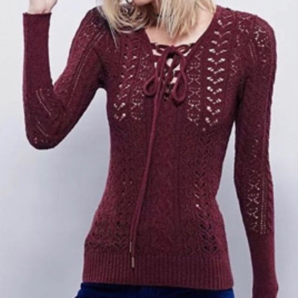 Free people maroon tie up long sleeve sweater