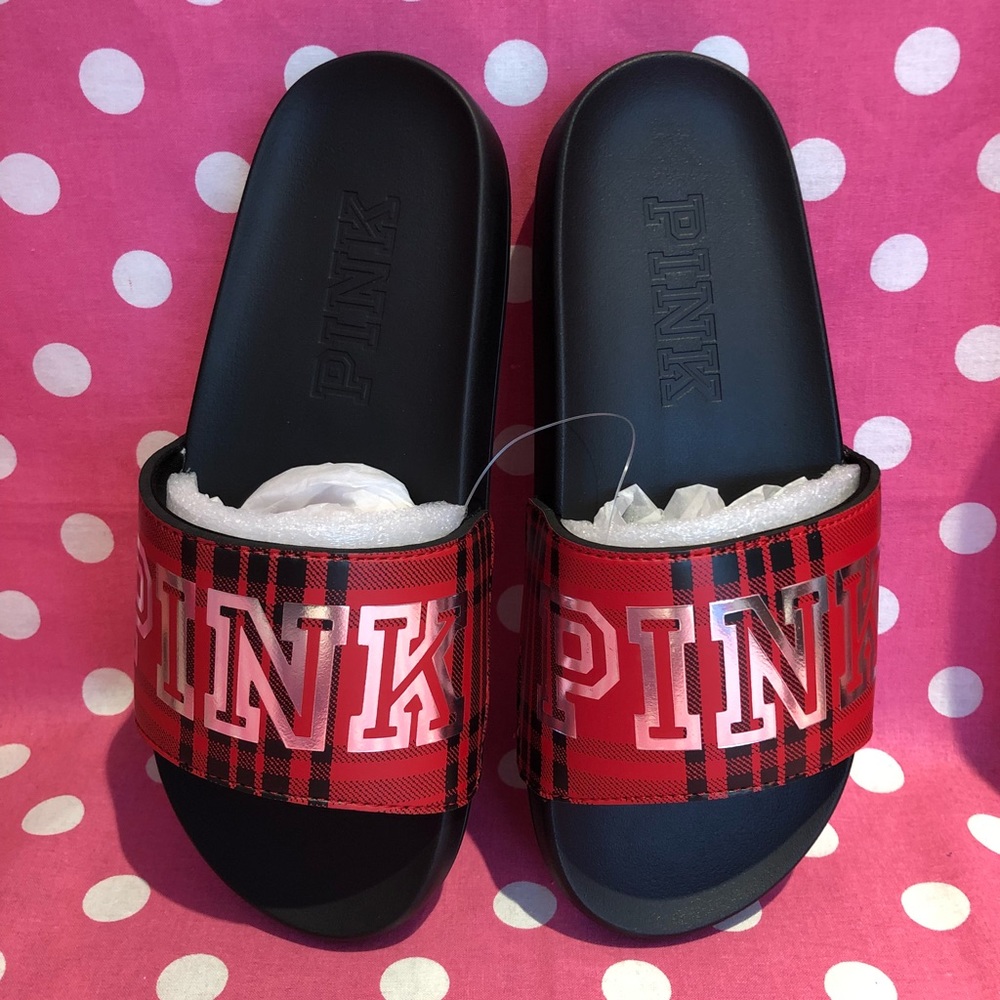 NWT VS PINK plaid Slides