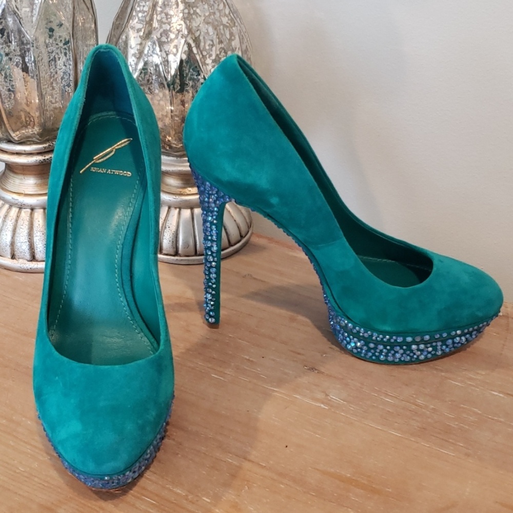 Brian Atwood Crystal Turquoise Suede Shoes Heels