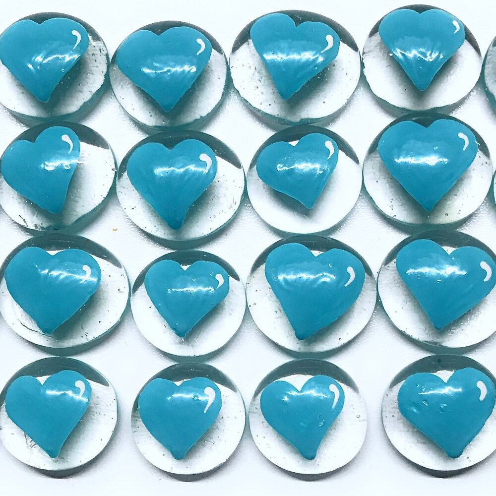 24 Hand Painted Glass Gems - LIGHT BLUE HEARTS Party Decoration Wedding Birthday