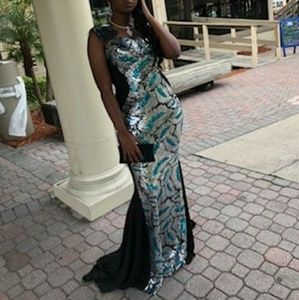 Black silver and teal blue prom or evening dress
