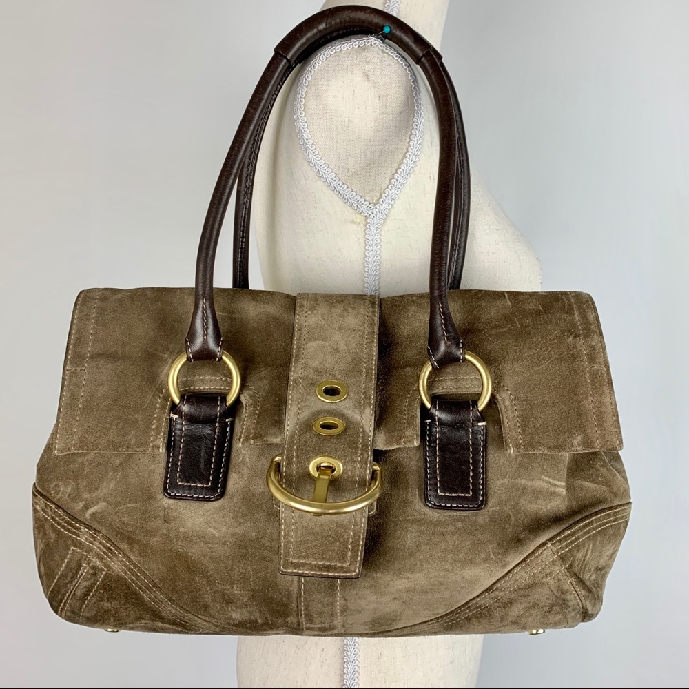 COACH Handbag Medium Olive Green Suede Flap Close