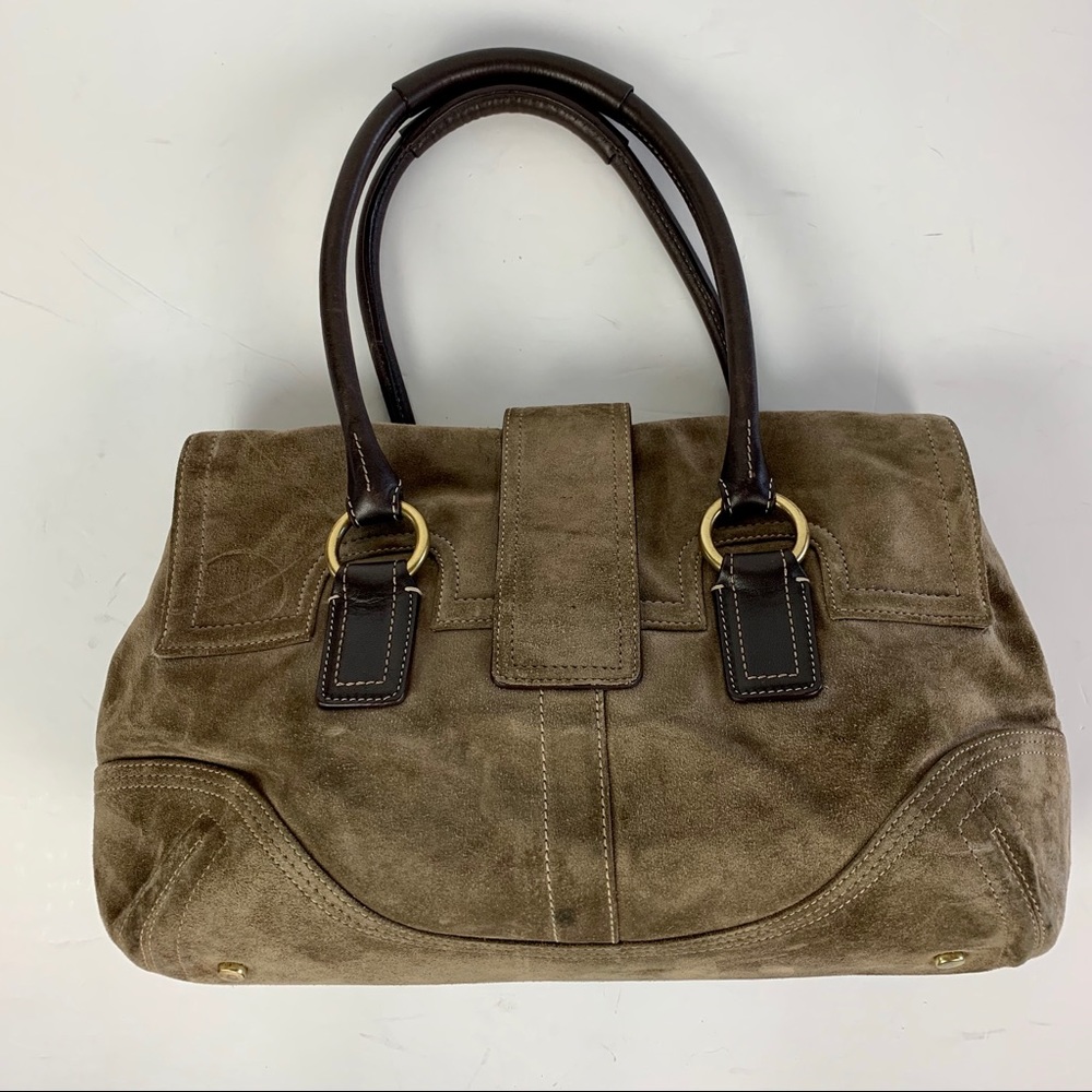 COACH Handbag Medium Olive Green Suede Flap Close - Picture 2 of 8