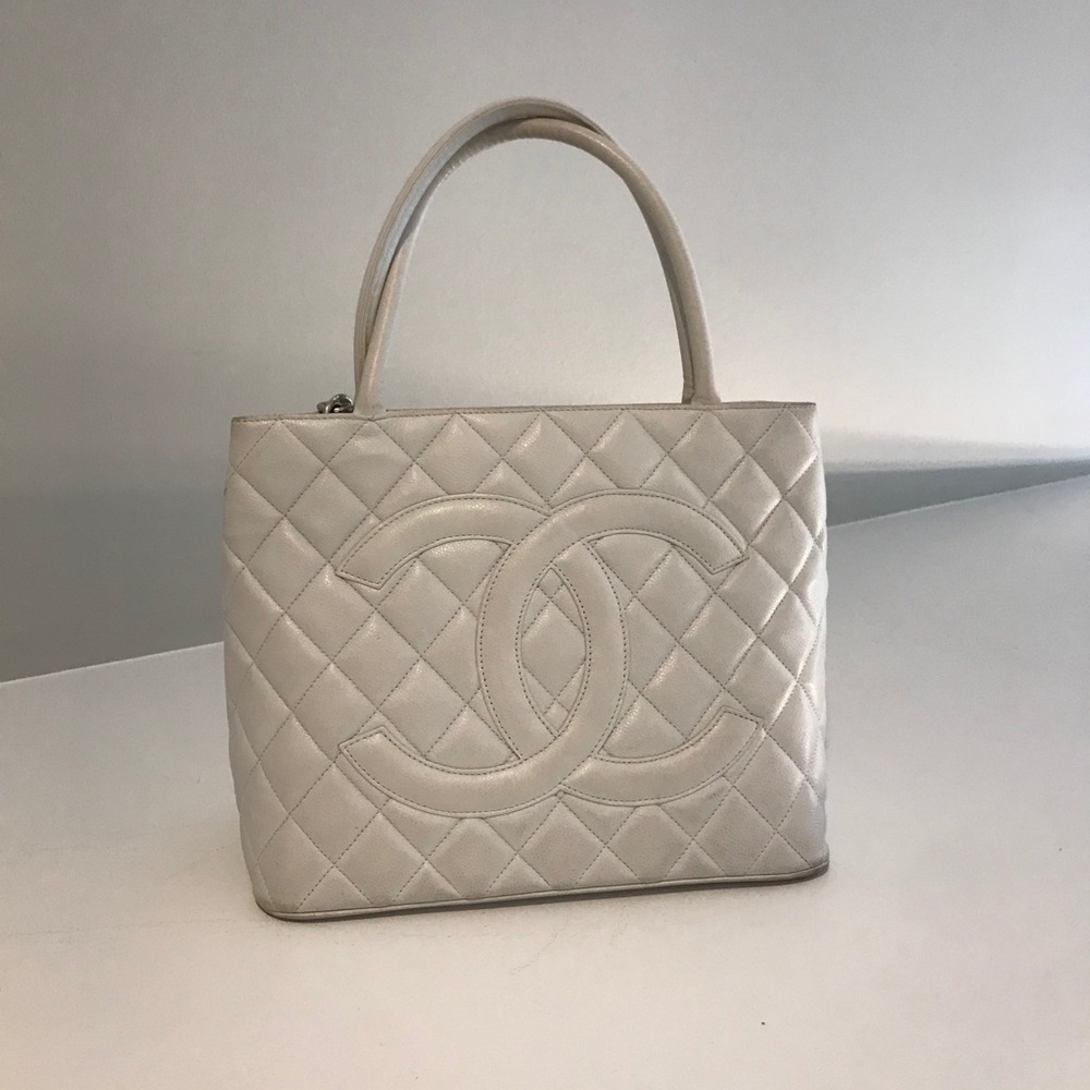 Chanel Quilted Medallion White Caviar Leather Tote