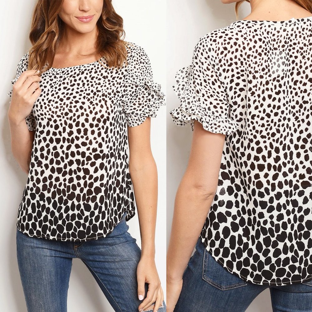White Black Leopard Ruffle Short Sleeves Blouse - Picture 5 of 6
