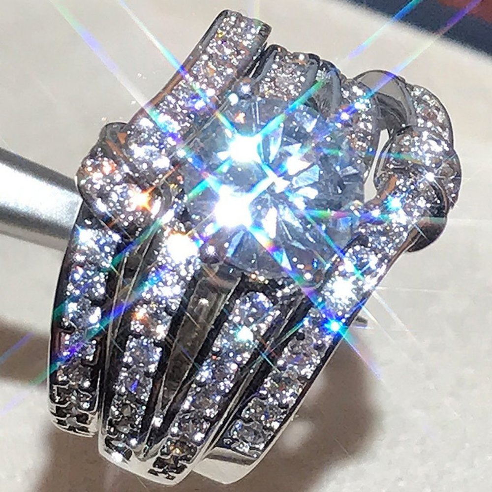 NEW 3 PC/Set 925 Silver Round Diamond Wedding Ring