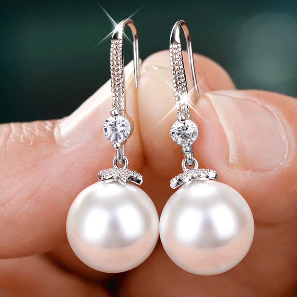 NEW Silver Round Diamond Pearl Drop Hook Earrings