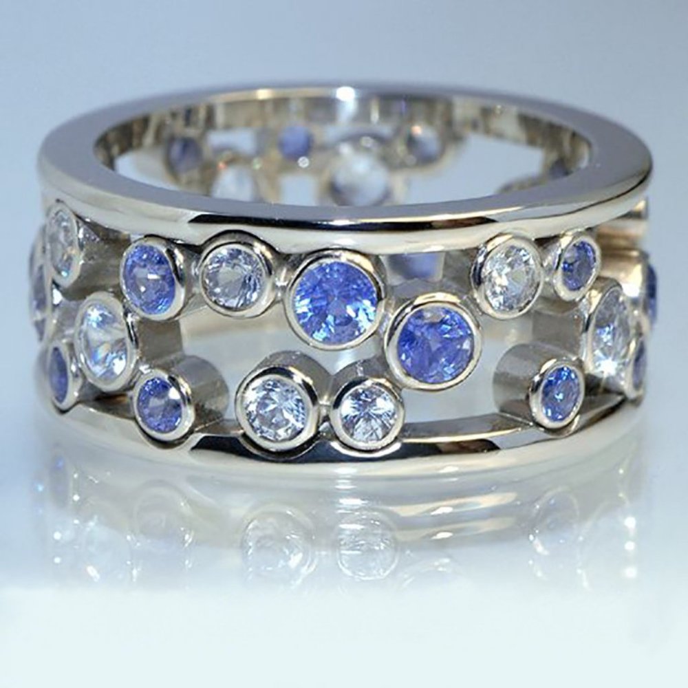 NEW Blue White Round Diamond Hollow Wide Band Ring