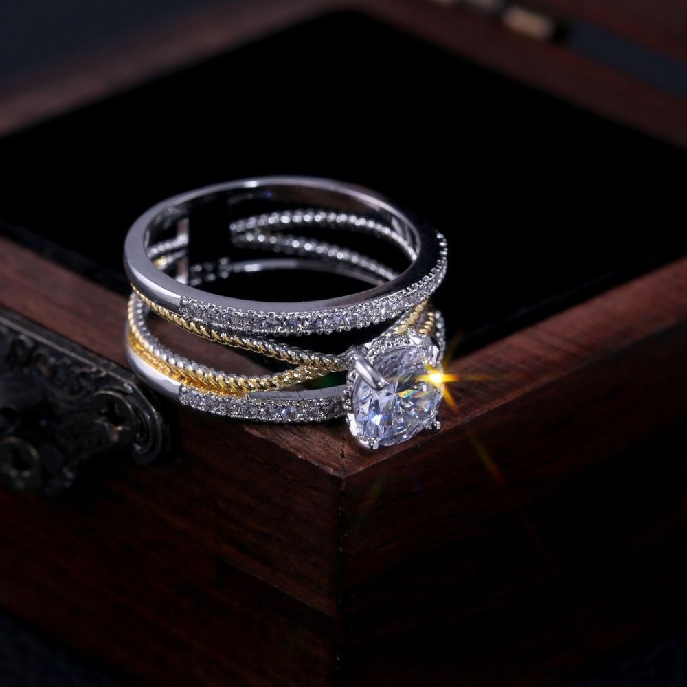 NEW Two Tone Round Diamond Silver Cross Ring - Picture 4 of 7