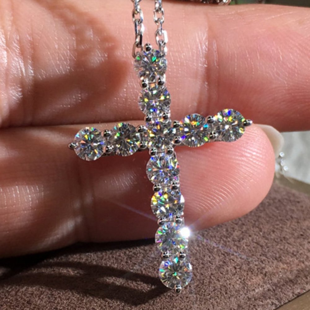 NEW 925 Silver Diamond Heart Cross Necklace