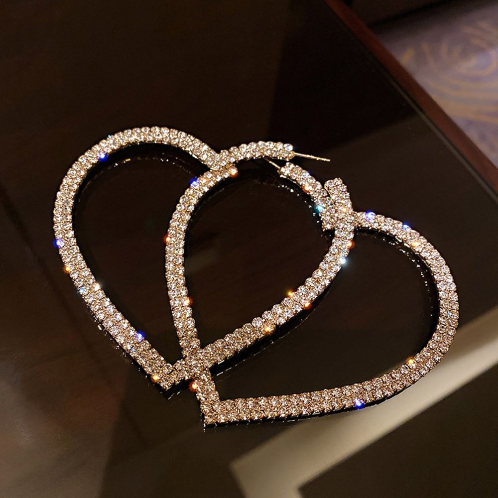 NEW Gold Round Diamond Heart Large Hoop Earrings - Picture 3 of 9