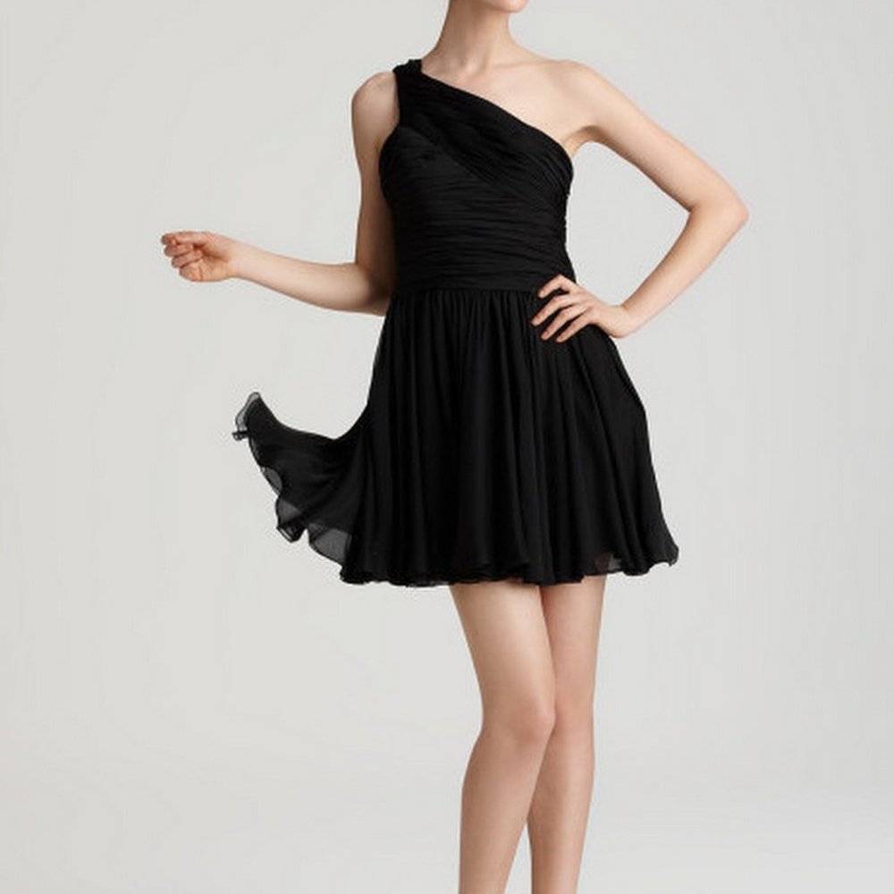 Halston Heritage Black Silk One-Shoulder Dress 4 S