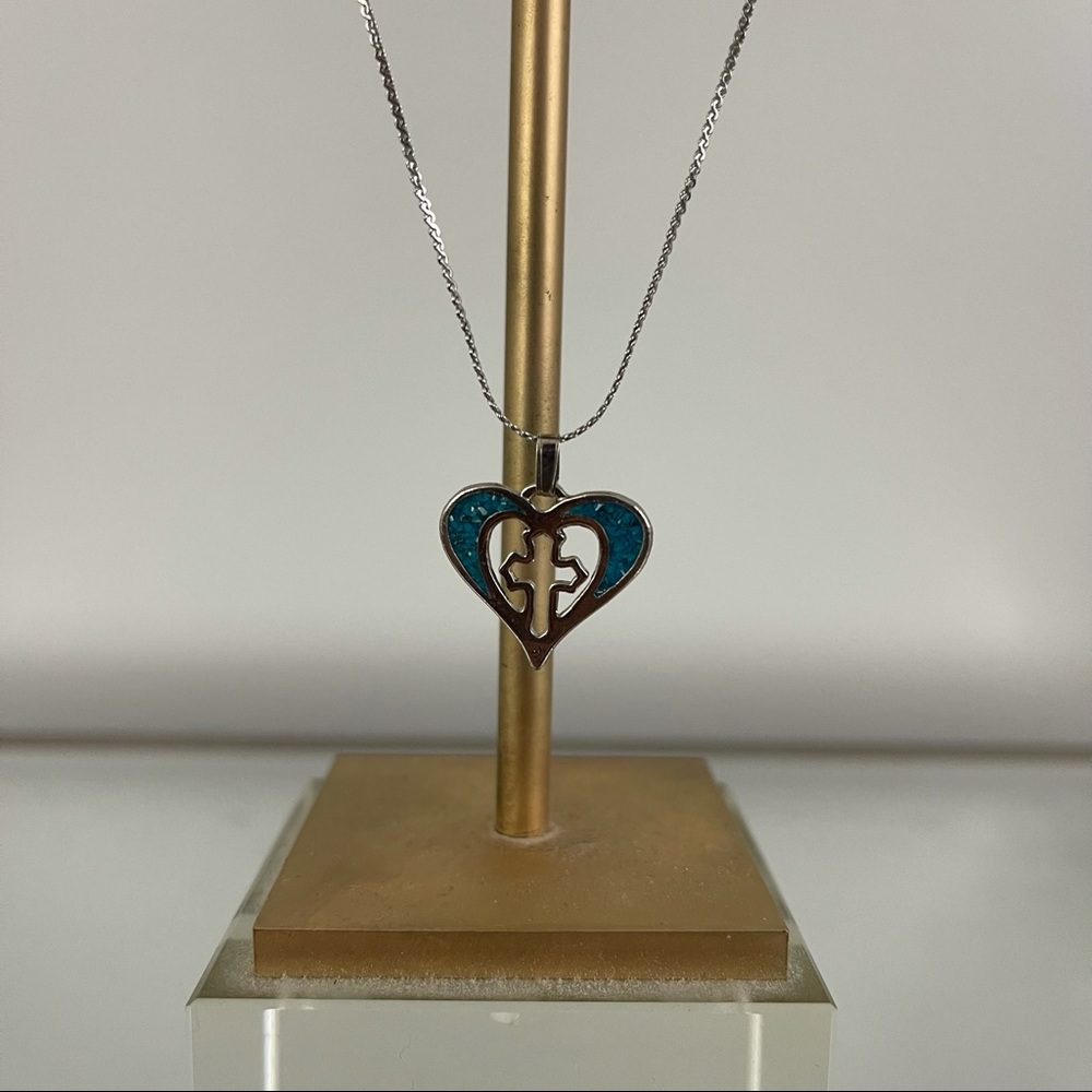 Vintage Turquoise Stone Cross In Heart Necklace NEW