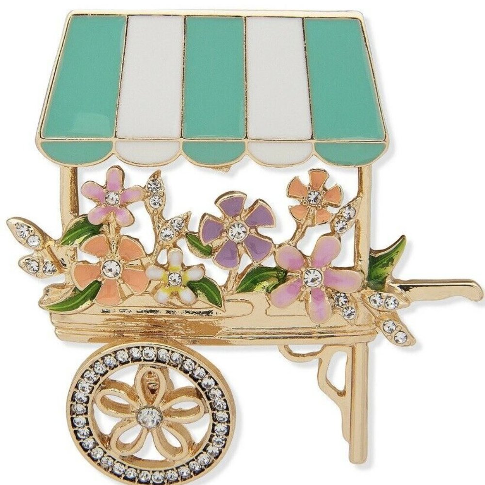 Anne Klein Pin Flower Cart Crystal & Enamel Gold Plate NIB Green White Pink M367