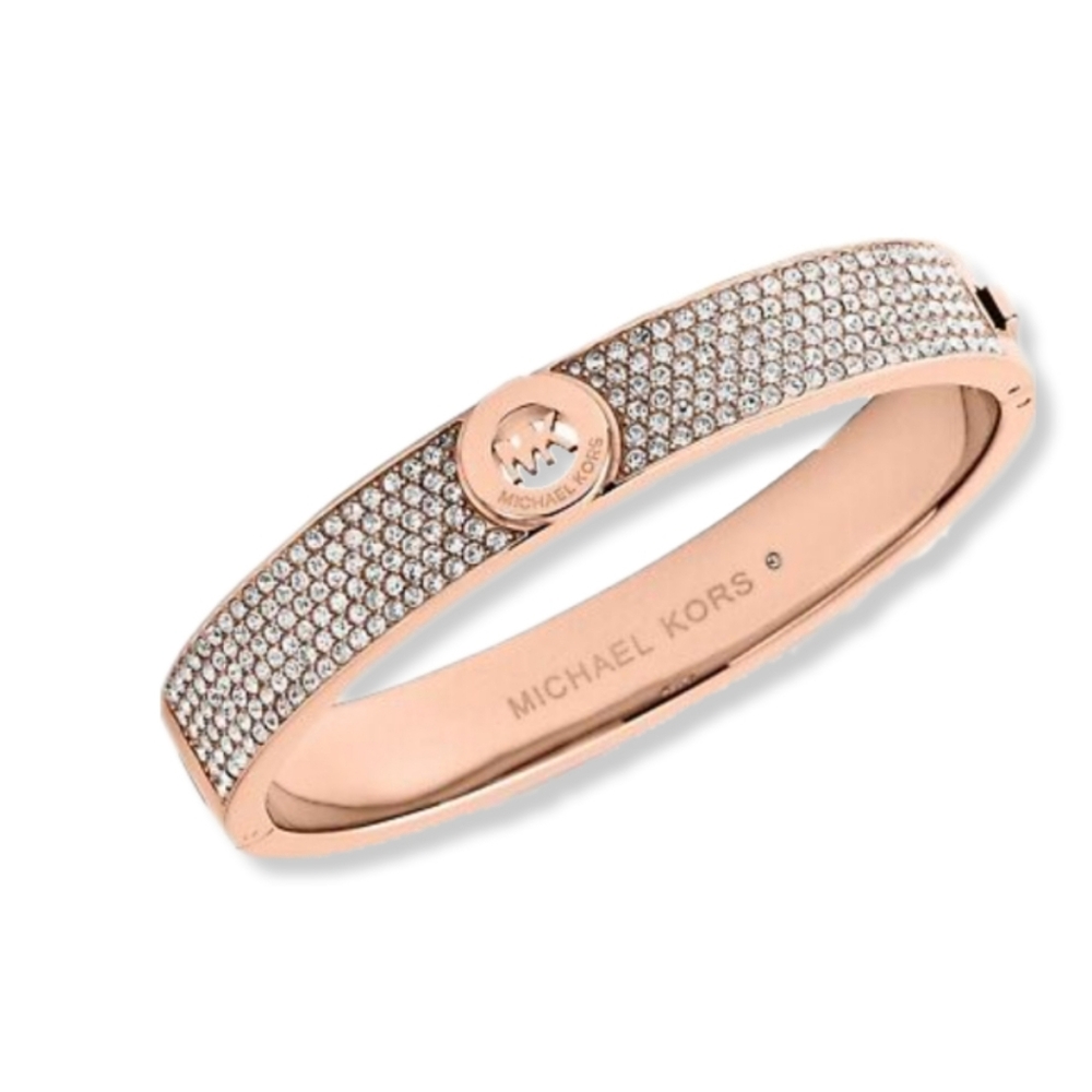 Michael Kors Gold Tone Crystal Hinged signature MK logo bangle bracelet