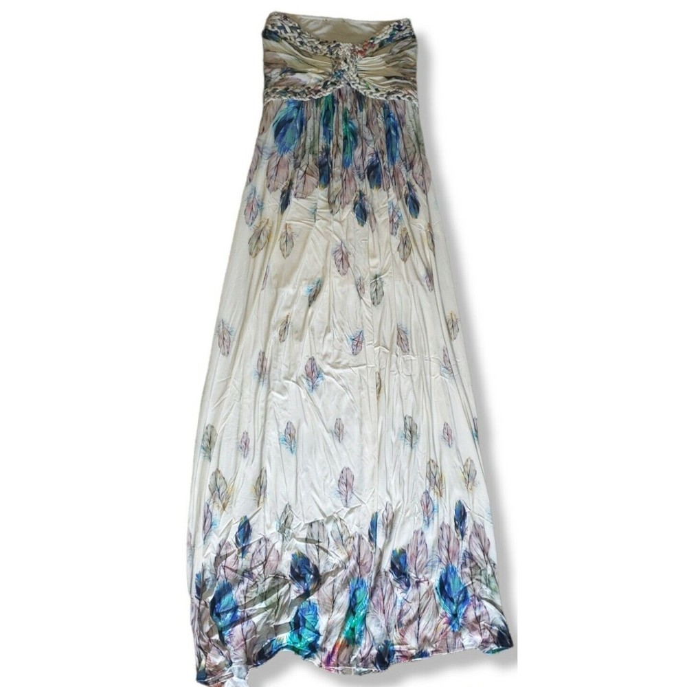 SKY Brand Size S YAHTOO Maxi Dress Off White Feather Print Braided Top Strapless