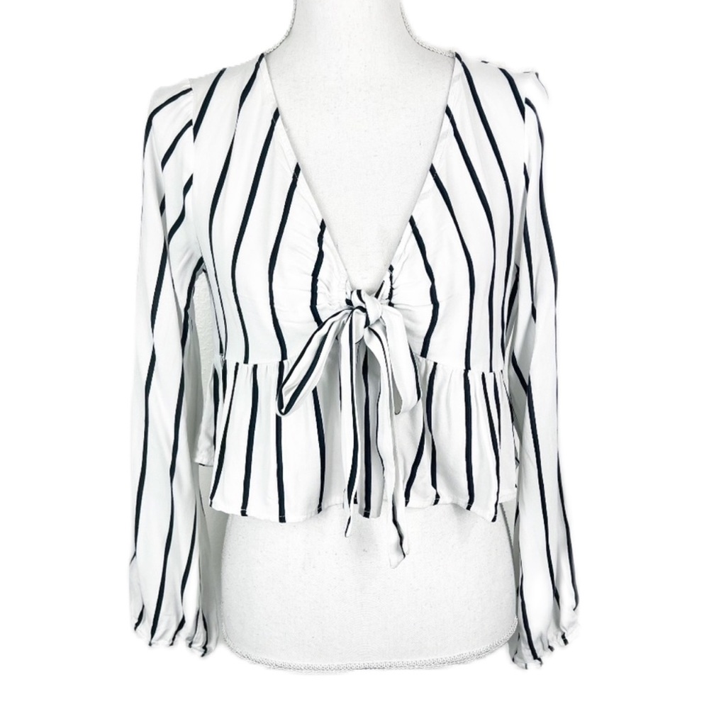 LA Hearts White Black Striped Cropped Peplum Boho Blouse Long Sleeve Vneck Large