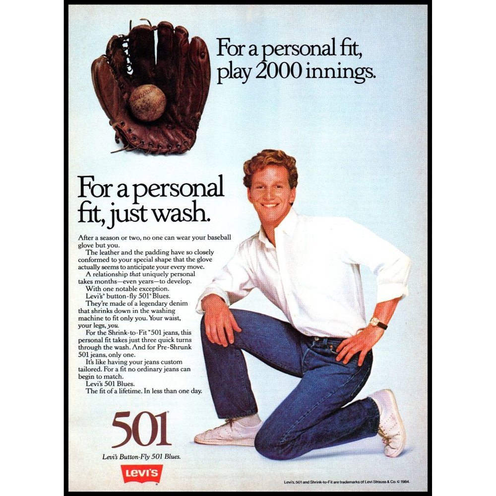 1984 Levi's 501 Button Fly Jeans Vintage Print Ad 2000 Innings Baseball Wall Art