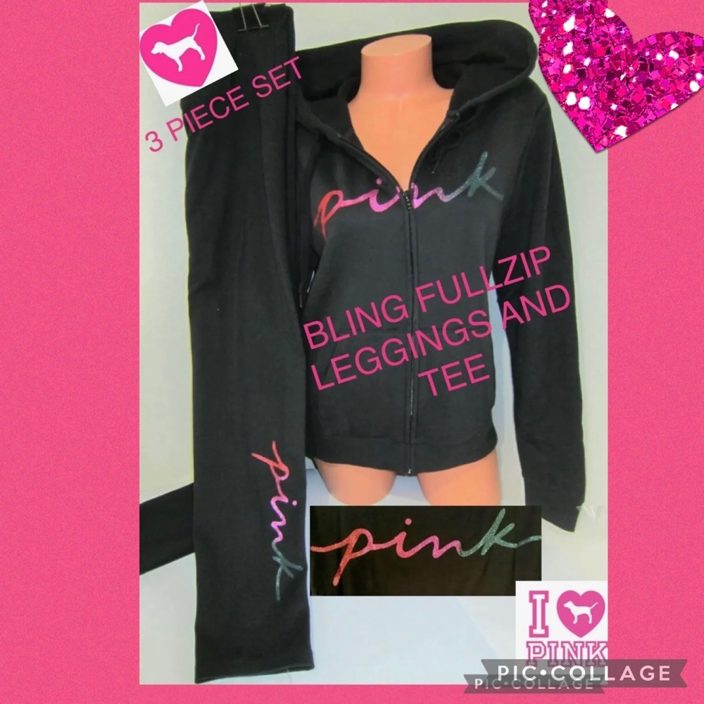 Victoria's Secret PINK Bling Full Zip Tee &
Leggings Outfit 3 Piece Set Shine XL