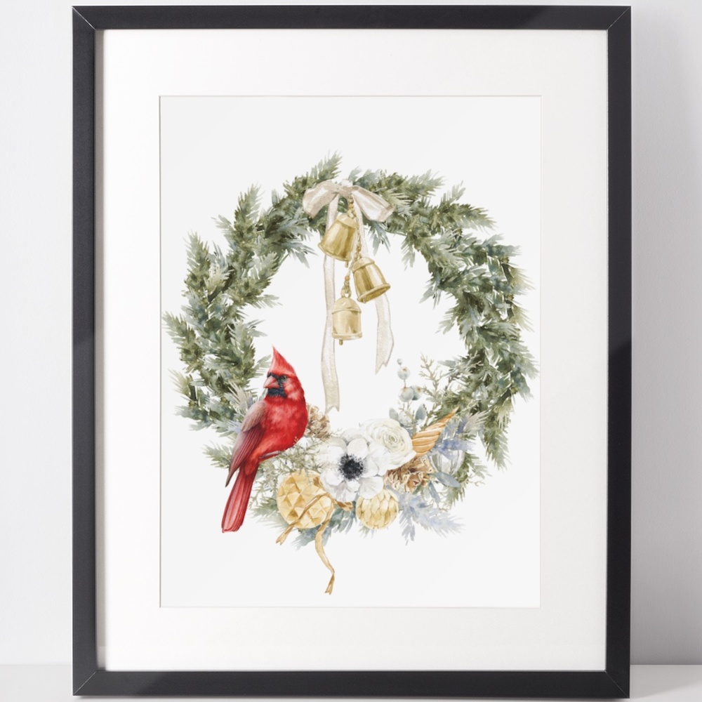 Wall Art Watercolor Cardinal Christmas Wreath Illustration Print Card Unframed