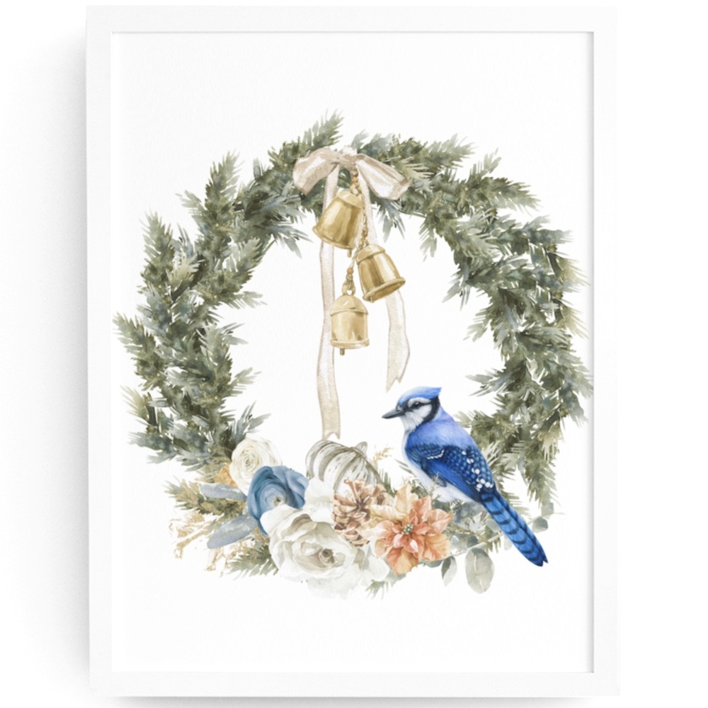 Wall Art Watercolor Blue Jay Christmas Wreath Illustration Print Card, Unframed