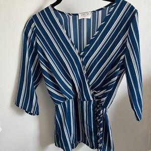 Sienna Sky XS blue and white striped Faux Wrap Blouse