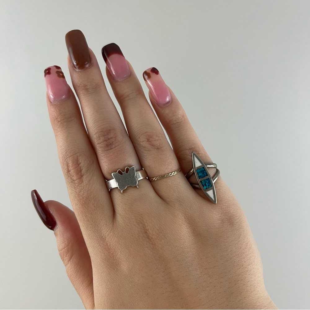 Vintage Turquoise Stone Blue White Colorblock Diamond Shaped Statement Ring