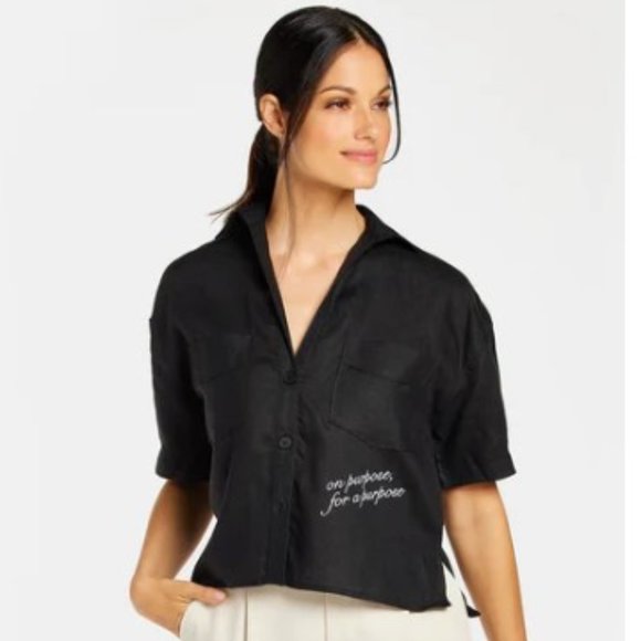 Monat Tops - 💜 Fancy Cropped Navy Linen Blended Shirt