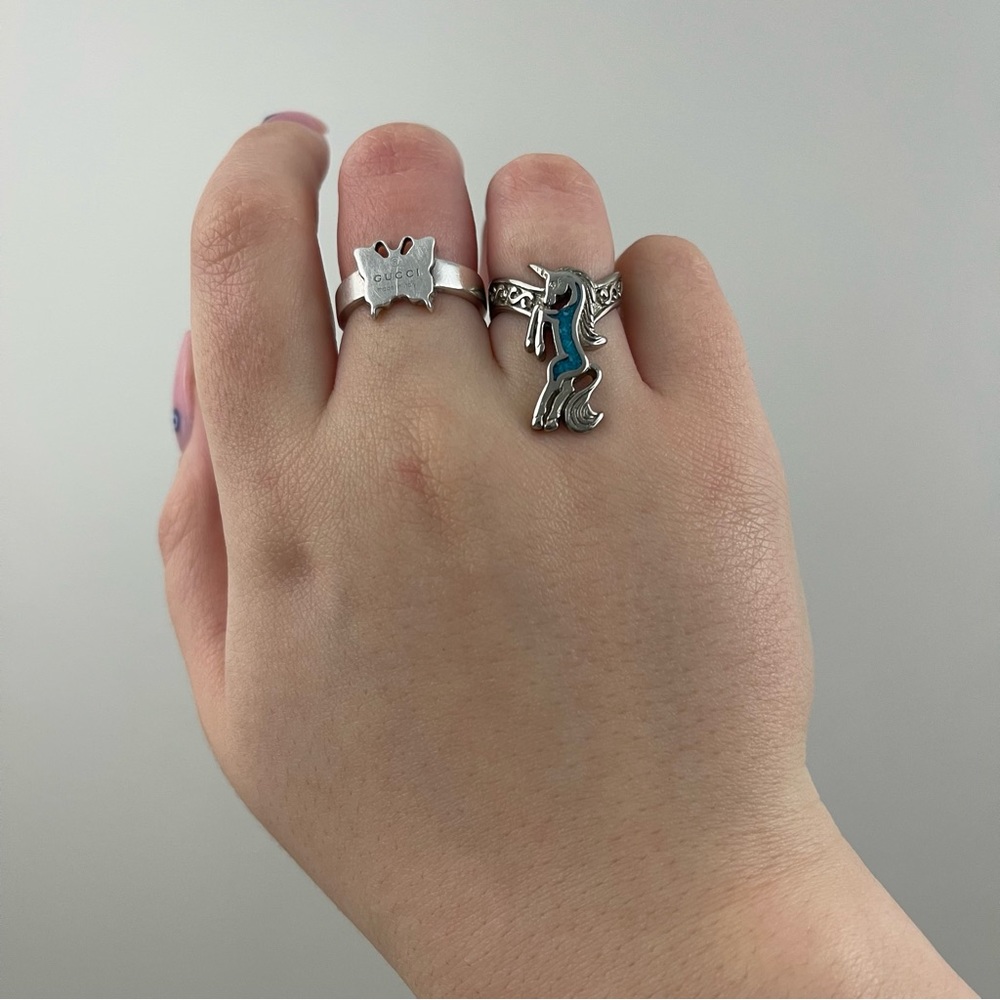 Vintage Y2K Turquoise Stone Standing Unicorn Curved Band Statement Ring - Picture 2 of 5