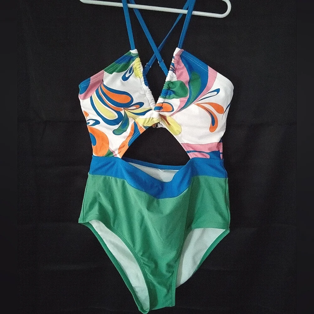 One piece Swimsuit, grn/wht/blue, swirl hipster cross halter cutout - Picture 1 of 4