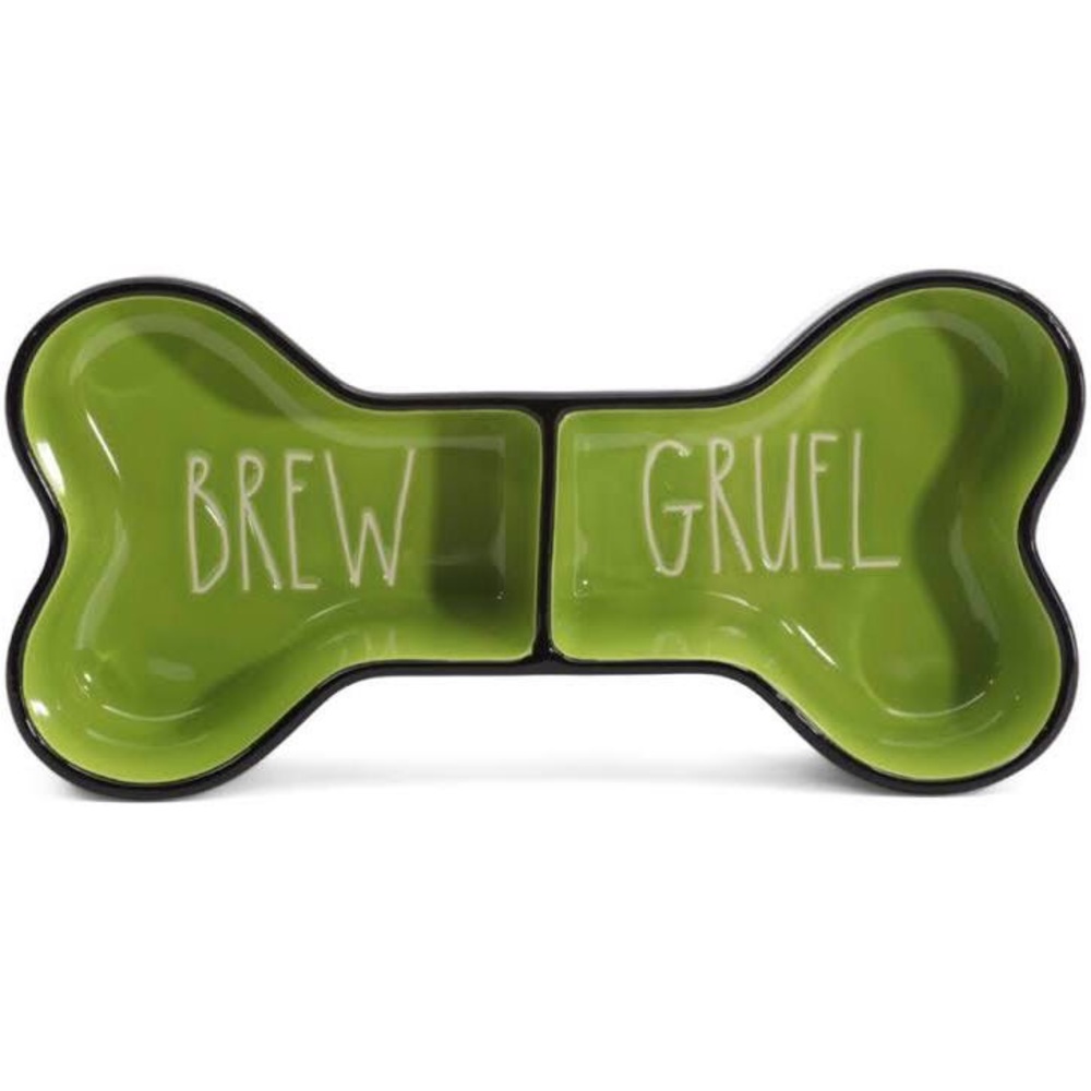 Rae Dunn 2 Section Brew Gruel Green & Black Pet Bowl NIB