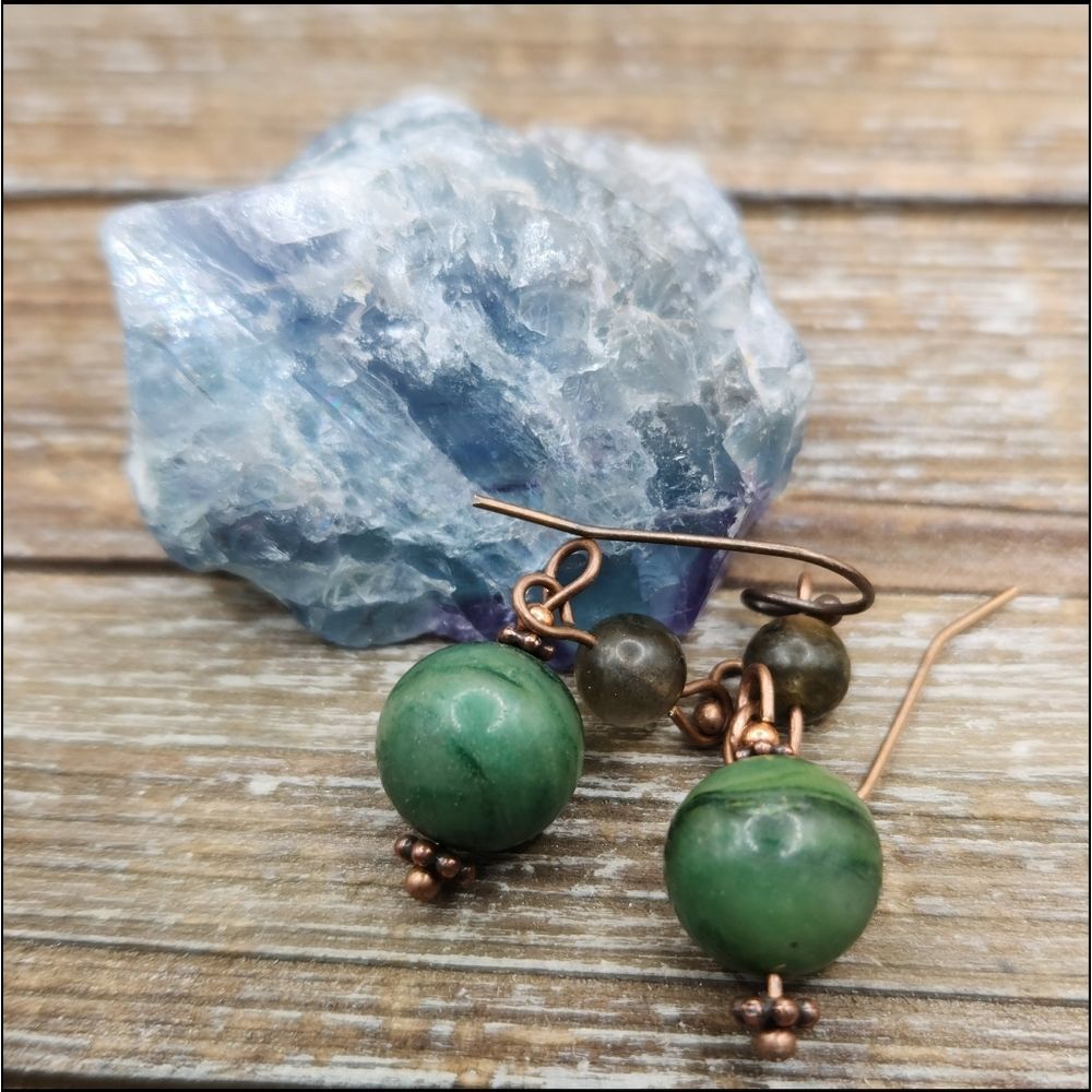 African Jade, Laboridite and Copper Drop Earrings
