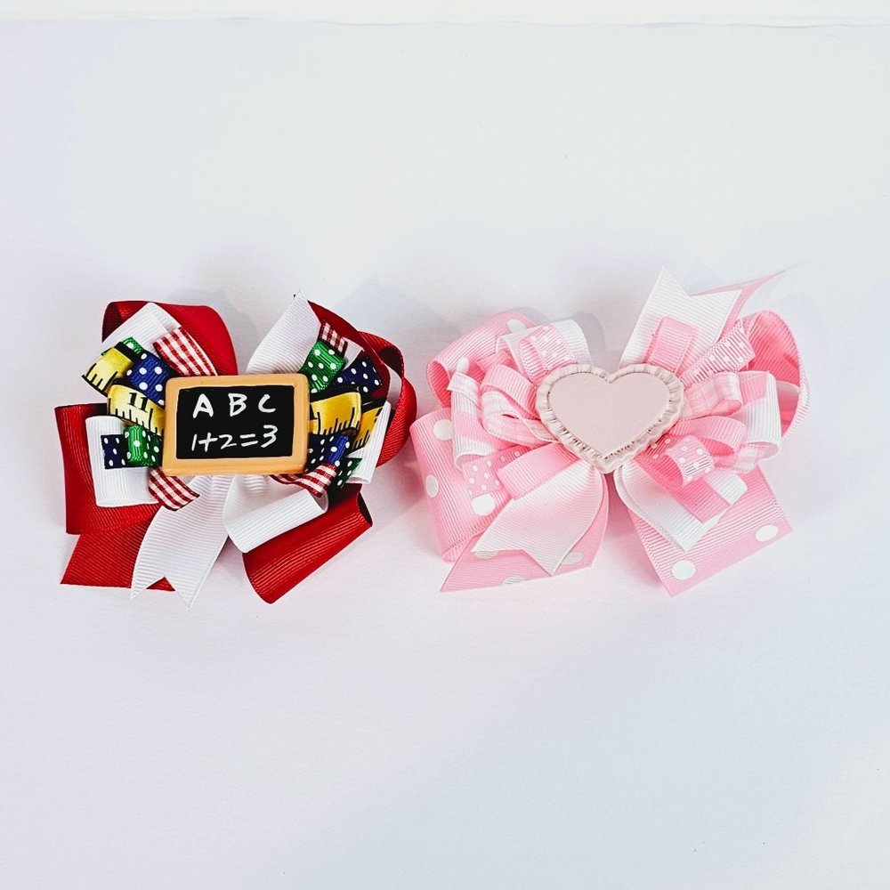 Vintage Lot of 2, Handmade Hair Bows Barrette Clip, Back to School, Sweet Pink