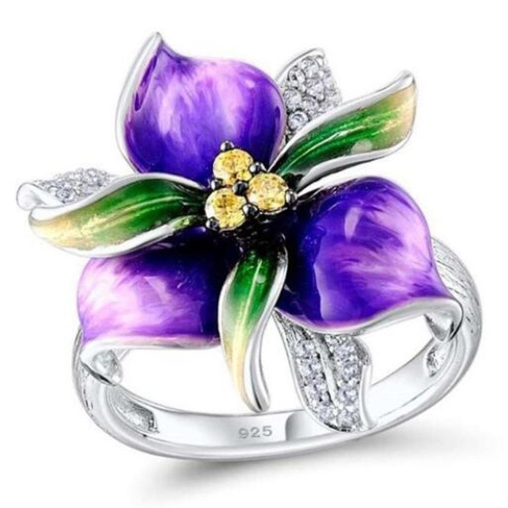 🍁925 Silver Plated Purple Enamel CZ Crystal Fashion Ring, GPMB1512