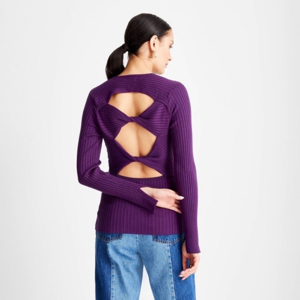 🔮 FUTURE COLLECTIVE Purple Open Back Twist Pullover Knit Sweater Jumper Top XS