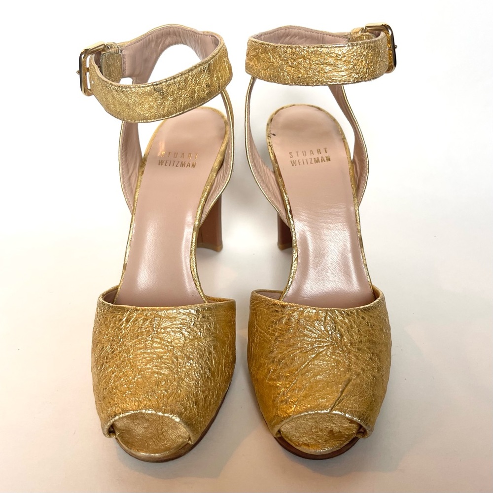 Stuart Weitzman - Gold Heeled Sandal with Ankle Strap, Crackled Leather, Size 7