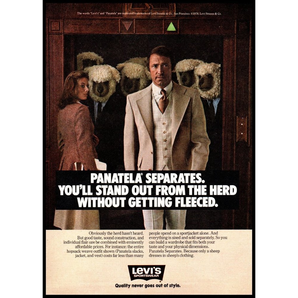 1978 Levi's Panatela Separates Vintage Print Ad Elevator Sheep Secretary Photo