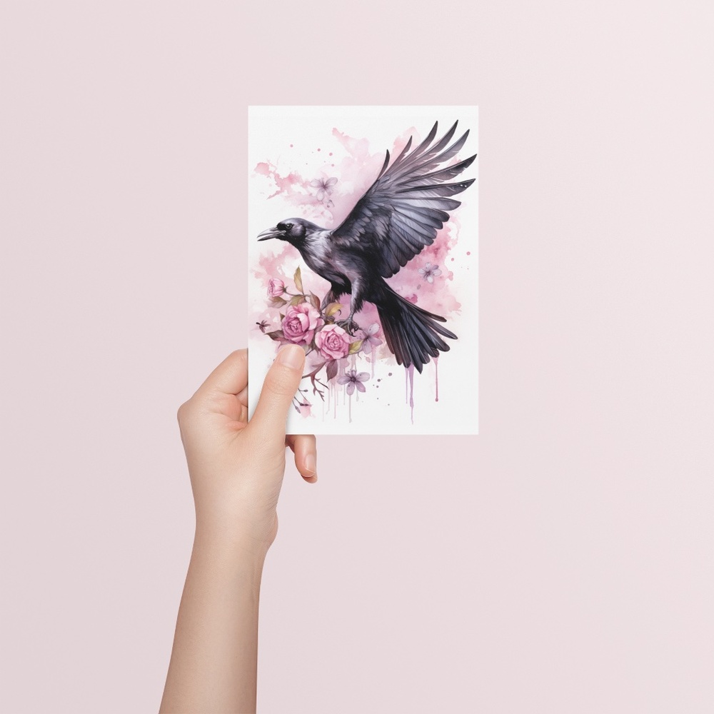 Watercolor Floral Crow Raven Wall Art Illustration Print Poster Card Unframed - Picture 5 of 5