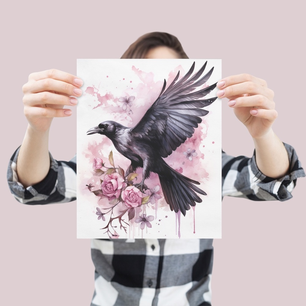 Watercolor Floral Crow Raven Wall Art Illustration Print Poster Card Unframed - Picture 4 of 5