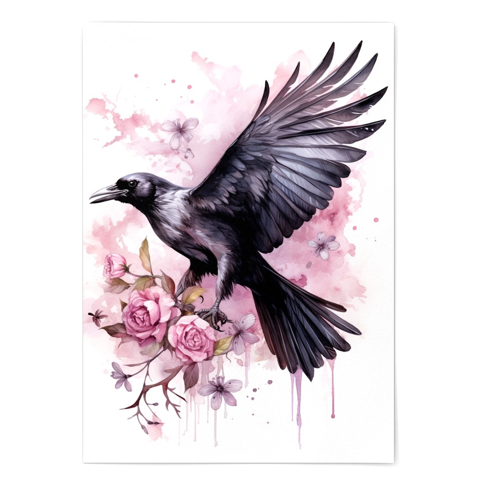 Watercolor Floral Crow Raven Wall Art Illustration Print Poster Card Unframed - Picture 2 of 5