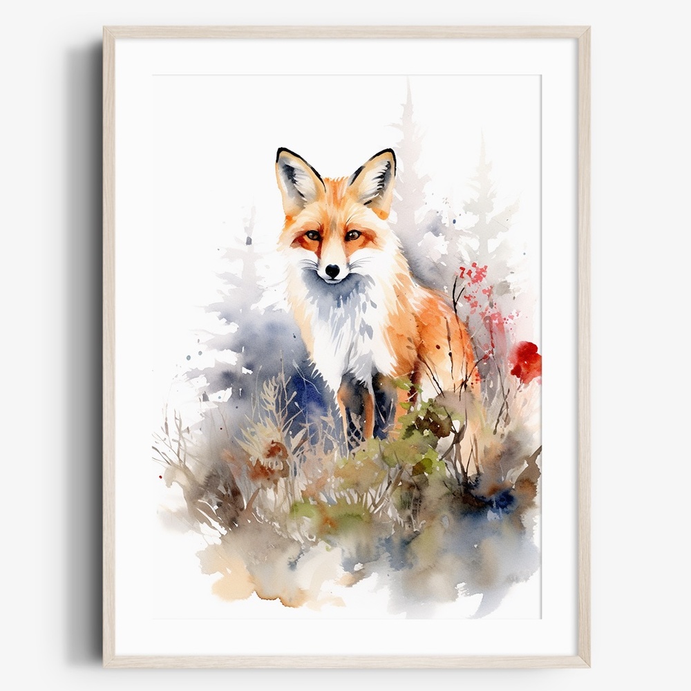 Watercolor Floral Red Fox Portrait Wall Art Illustration Print Poster Unframed
