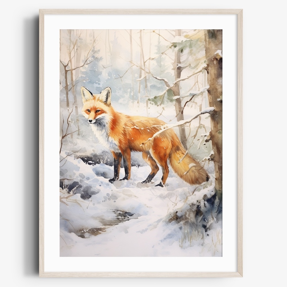 Watercolor Floral Red Fox Portrait Wall Art Illustration Print Poster Unframed