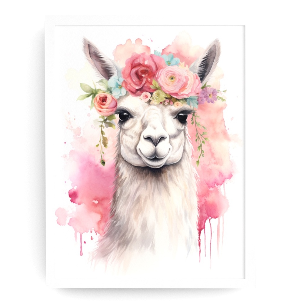 Watercolor Cute Floral Llama Wall Art Illustration Print Poster Card Unframed