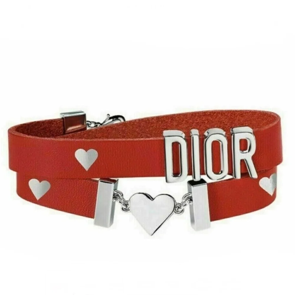 DIOR BRACELET Heart Double Wrap Calfskin Leather Red & Silver NEW in BOX - Picture 1 of 8