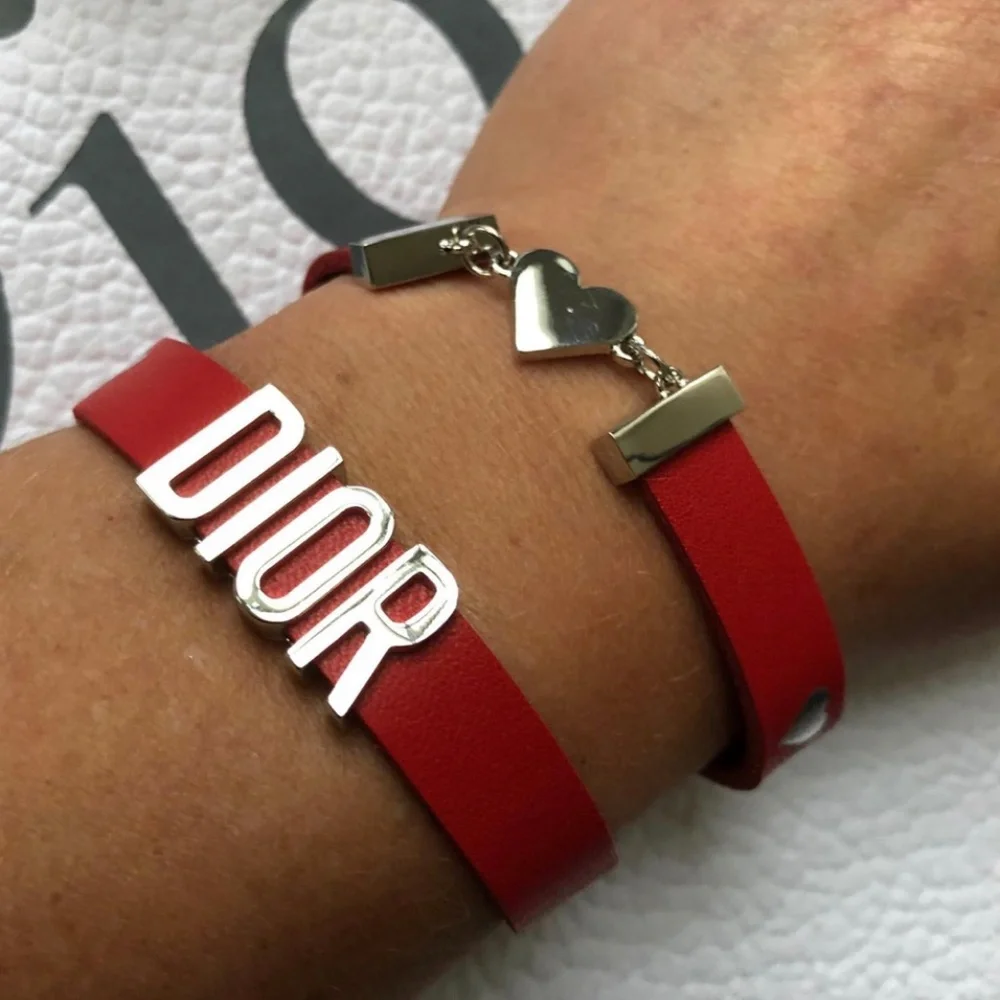DIOR BRACELET Heart Double Wrap Calfskin Leather Red & Silver NEW in BOX - Picture 2 of 8