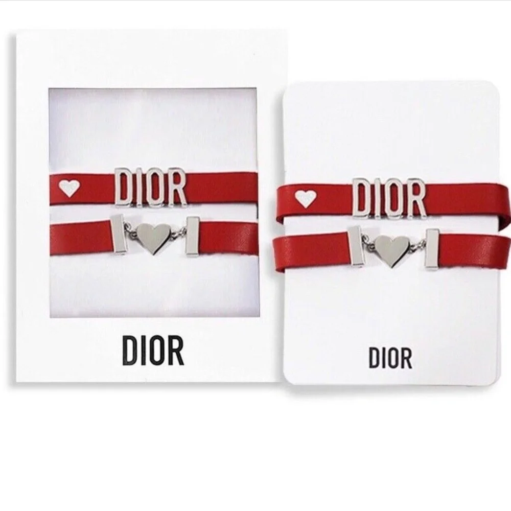 DIOR BRACELET Heart Double Wrap Calfskin Leather Red & Silver NEW in BOX - Picture 4 of 8