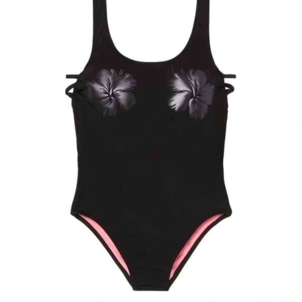PINK Victoria's Secret Womens M Black Sleeveless High Cut One Piece Bathing Suit