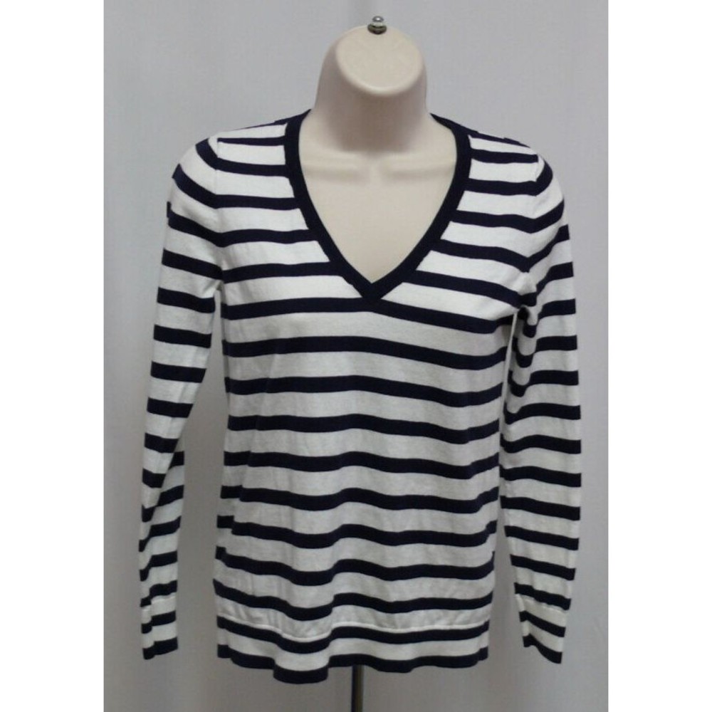J.CREW knit striped v neck lightweight shirt long sleeve navy blue white sz XS