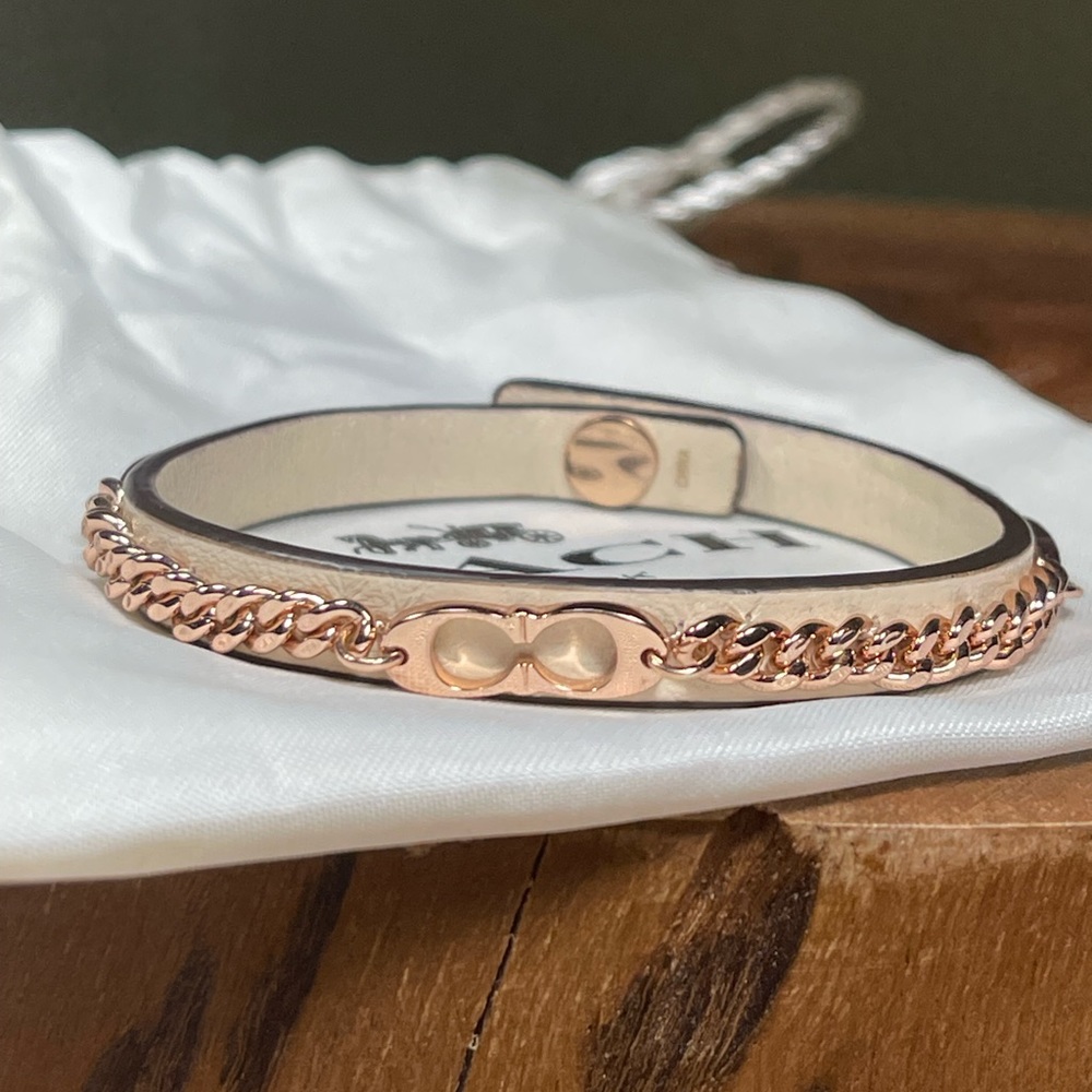 COACH Signature Rose Gold Chain & Leather Bracelet