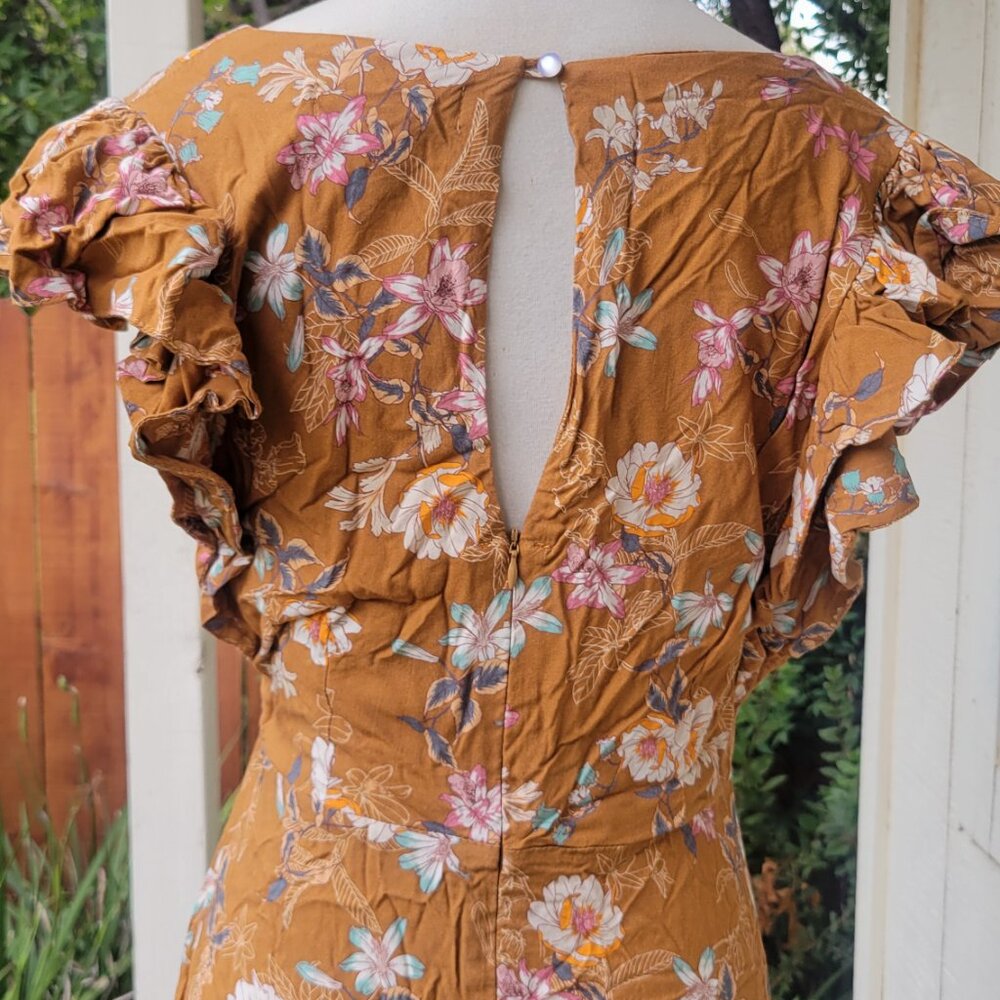 Nikki & Erin Mustard Floral Ruffle Wrap Midi Dress - Picture 8 of 12